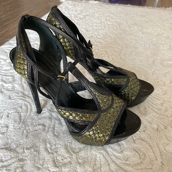 Burberry Prorsum Green Metallic Woven Platform Sandals - Picture 2 of 7